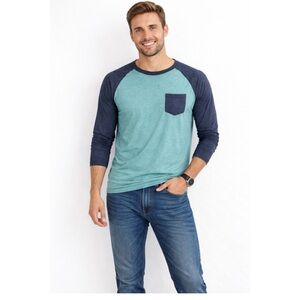 Men's Long Sleeve Raglan Pocket Tee in Teal and Navy